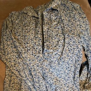 Floral blue, tan and white blouse